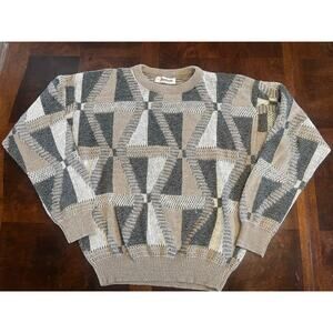 VTG 90s Jantzen Geometric Knit Sweater Men M USA Made Retro Patchwork Earth Tone
